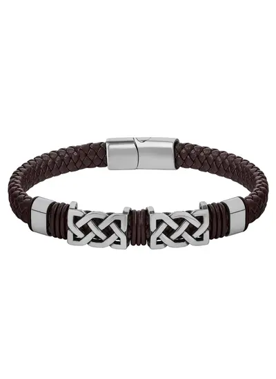 Rhodium Celtic Knot Brown Leather Bracelet